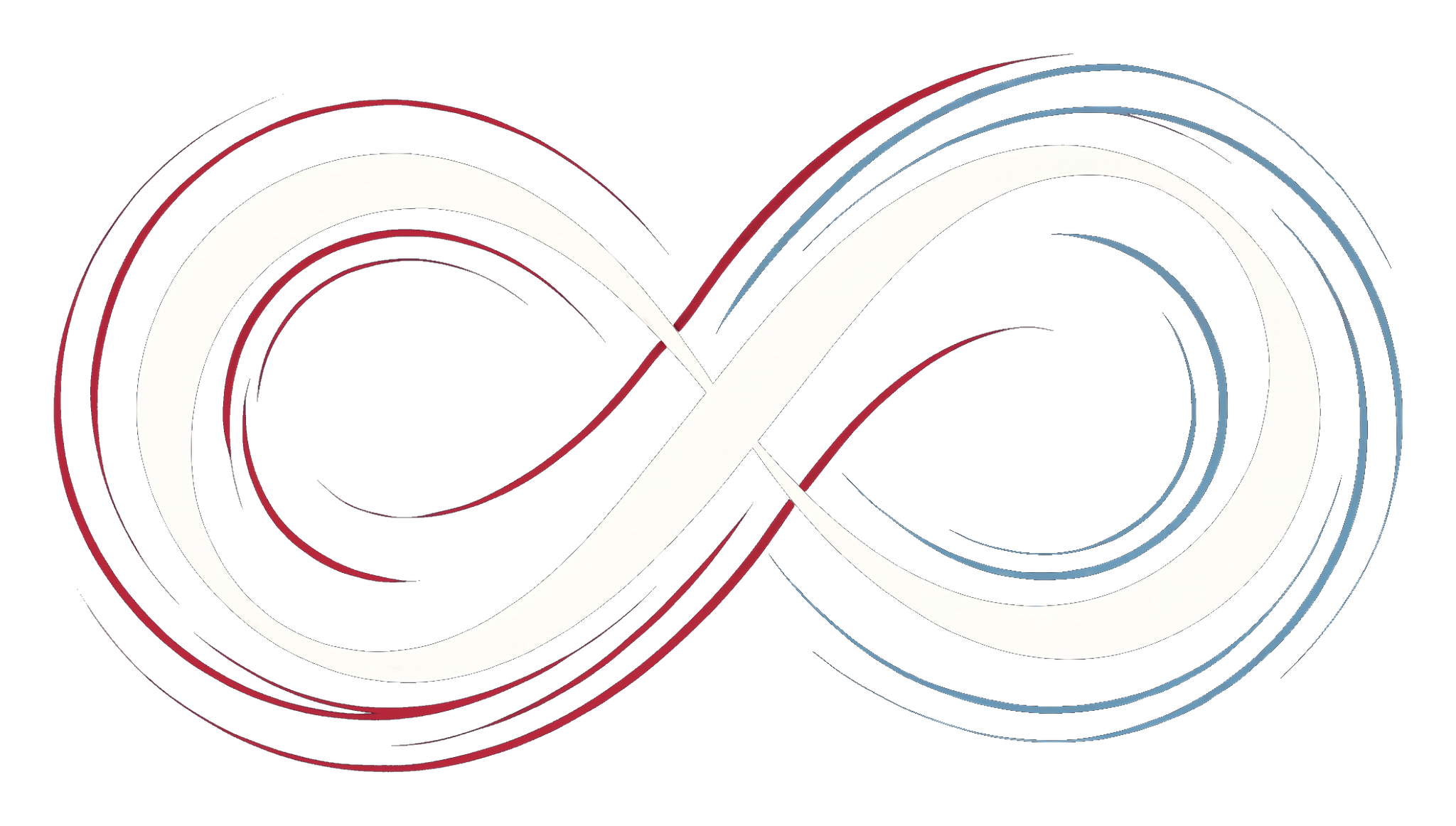 The Lemniscate Partners mark, an ivory ribbon lemniscate with oxblood and slate echo strokes